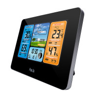 FanJu LCD 竹面室內外天氣報告鬧鐘 | 溫濕度及氣壓檢測  帶無線室外感測器 - 黑色