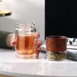日式木紋雙層耐熱玻璃泡茶杯 | 茶水分離不吐茶 隨行玻璃杯 - 黑色