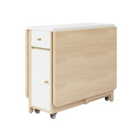 家用可移動帶輪組合摺疊餐桌 (單桌不帶椅) | 桌椅可一體式收納 | 餐桌可半/全展 - 原木色