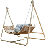 戶外庭園檀花雙人鞦韆吊椅 | 附坐墊抱枕 | 仿木紋合金鋼支架 | 高承重繩索