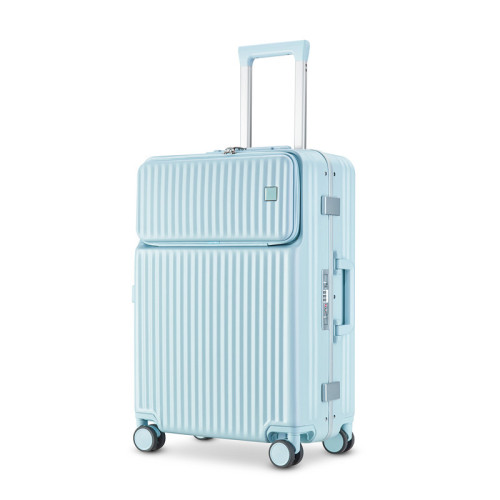 日系馬卡龍前開口萬向輪行李箱 - 24寸冰川藍 | 鋁框款網紅拉箱 | 帶TSA密碼鎖
