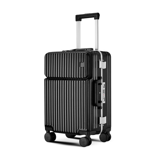 日系馬卡龍前開口萬向輪行李箱 - 24寸黑色 | 鋁框款網紅拉箱 | 帶TSA密碼鎖