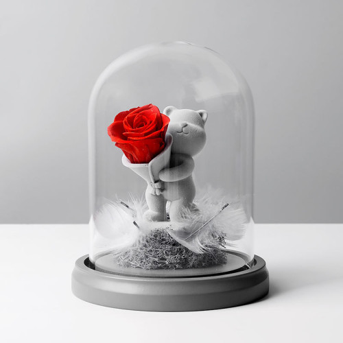 玫瑰告白熊玻璃罩永生花 - 紅色