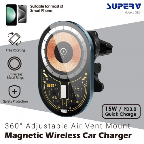 SUPERV 15W PD3.0 無線磁吸車載充電器 | 360度可調角度 | 強大吸附大磁芯 | LED氛圍指示燈