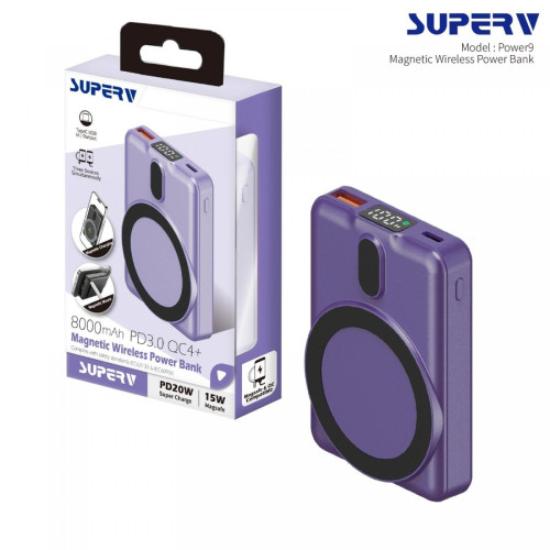 SUPERV PD20W 8000mAh 無線磁吸快充行動電源 | 支持MagSafe磁吸充電 - 紫色