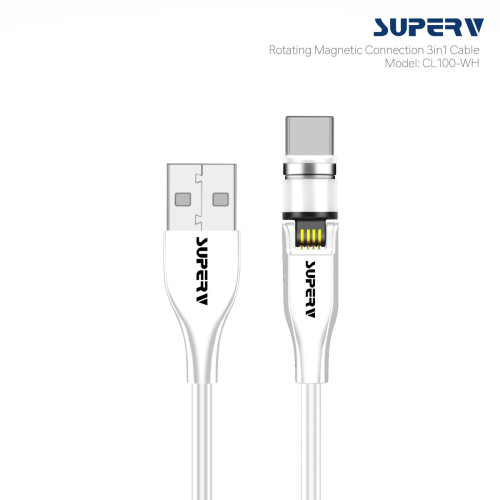SUPERV CL100 新式磁吸可旋轉充電線 | 三合一 Lightning+Type-C+Micro USB | iphone線 Android線 USB線- 1米白色