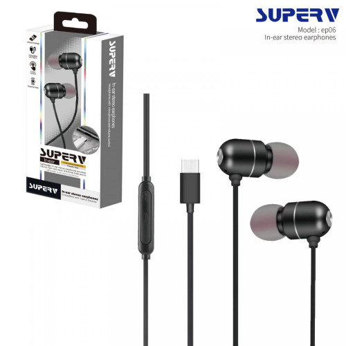 SuperV Type-C 有線耳機 高質立體聲 | 入耳式耳機 | 帶麥克風 可通話 | EP06 線長1.2M- 黑色