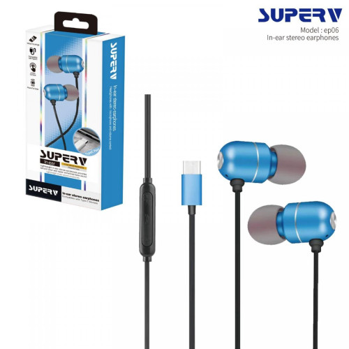 SuperV Type-C 有線耳機 高質立體聲 | 入耳式耳機 | 帶麥克風 可通話 | EP06 線長1.2M- 藍色