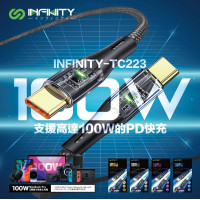 Infinity TC223 0.2米 Type-C to Type-C 100W頂級透明快充線-灰色 | 通過80000+次搖擺測試 | 香港行貨 | 一年保養