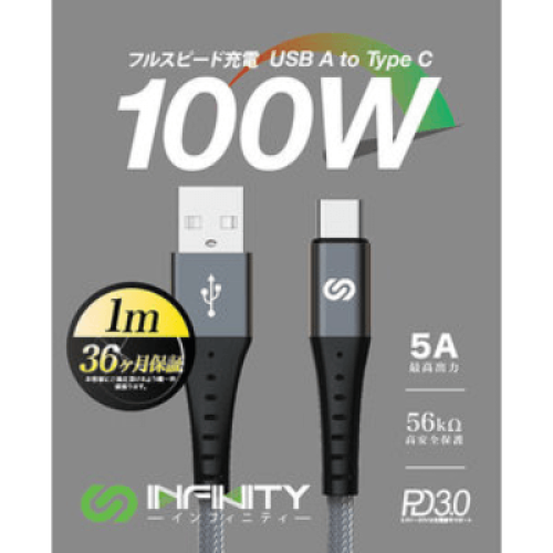 Infinity TC420 USB-A至USB-C 1米快速充電線-銀色 | 最高支持100W極限輸出 | 香港行貨 | 一年保養