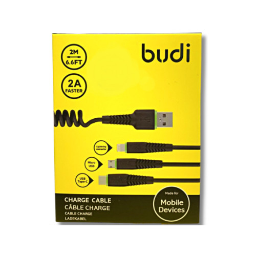 BUDI 三合一充電線 Apple IPhone IPad/Micro/Type-C (2米) | 2A快速充電 | M8J150T3S -(黑色)