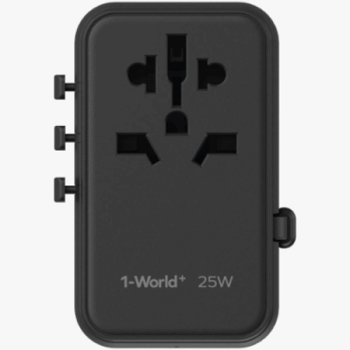 Momax 1-World+ 25W GaN 3-插口+ AC 旅行充電插座 - 黑色（UA20UKD） | 內置JP/US、AU、EU、UK插座 | 內置伸縮充電線 | 香港行貨