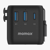 Momax 1-World+ 25W GaN 3-插口+ AC 旅行充電插座 - 黑色（UA20UKD） | 內置JP/US、AU、EU、UK插座 | 內置伸縮充電線 | 香港行貨