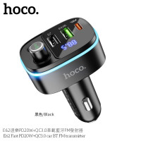 HOCO E62 車用藍牙FM發射器 - 黑色 | 速樂PD20W+QC3.0快速充電 | 內嵌氣氛燈 | 駕駛安全設計