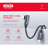 UNITEK C14123BK USB Type-C PD100W USB-C 90度轉角接頭快充線 - 5M | 100W快速充電 | E-marker晶片 | 480Mbps數據傳輸 | 香港行貨