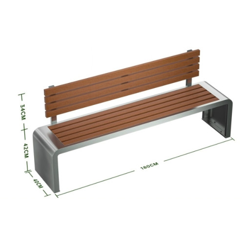 防腐塑木U型不鏽鋼公園靠背長椅 - 1.8米 | 一體組裝成型 | 201不鏽鋼