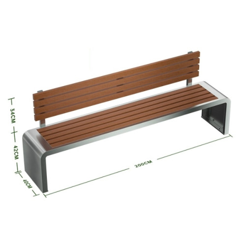 防腐塑木U型不鏽鋼公園靠背長椅 - 2米 | 一體組裝成型 | 201不鏽鋼