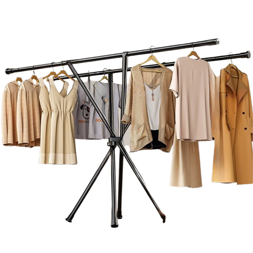 家用免安裝X型雙桿摺叠晾衣架 - 黑色 | 加固承重 | 折疊收納