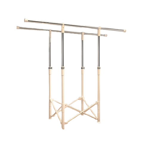 家用防風免安裝雙桿摺叠晾衣架 - 白色不鏽鋼 | 雙桿加寬間距 | 可升降調節