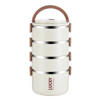 多層便攜保溫飯盒 - 4層 | 304不鏽鋼内膽加鋼印 | 配備3個餐具及米白保溫袋