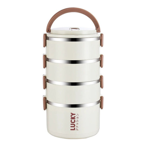 多層便攜保溫飯盒 - 4層 | 304不鏽鋼内膽加鋼印 | 配備3個餐具及米白保溫袋