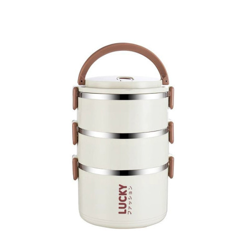 多層便攜保溫飯盒 - 3層 | 304不鏽鋼内膽加鋼印 | 配備3個餐具及米白保溫袋