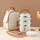 多層便攜保溫飯盒 - 3層 | 304不鏽鋼内膽加鋼印 | 配備3個餐具及米白保溫袋