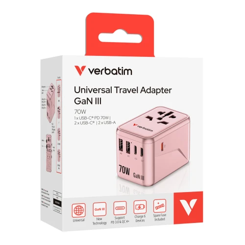 Verbatim GaN III 70W 通用旅行轉插 (UTA-09) | 粉紅色