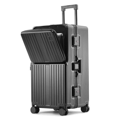 大容量前開口鋁框拉桿行李箱 - 黑色(28寸) | 獨立前倉 | 拓展杯架 | 墊腳掛鈎