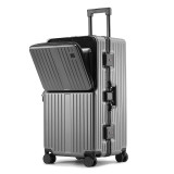 大容量前開口鋁框拉桿行李箱 - 銀色(28寸) | 獨立前倉 | 拓展杯架 | 墊腳掛鈎