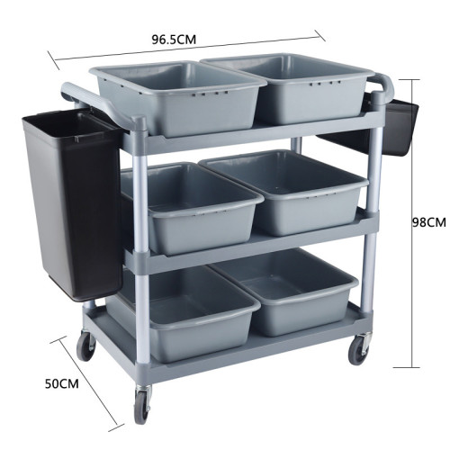 多功能三層收餐車-大號推車+6盆+長短掛桶 | 酒店/餐廳適用 | 堅固耐用 | 不易變形 | 厚實材料