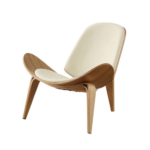 現代實木休閒貝殼椅-原木色配白皮 | 優質原料 | 舒適坐墊 | 耐用性強
