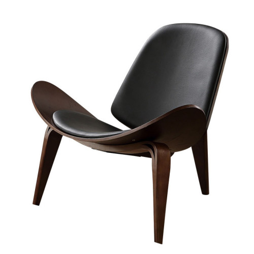 現代實木休閒貝殼椅-胡桃木色配黑皮 | 優質原料 | 舒適坐墊 | 耐用性強