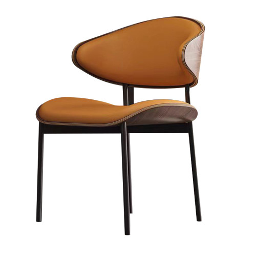 意式極簡藝術餐椅-橙色 | 環保耐磨皮 | 黑色碳素鋼支架 | 靠背弧形包裹