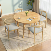北歐風簡約餐桌椅套裝 - 1.6厚桌面80直徑74高（木色）+牛角椅*4 | 寬敞桌面 | 實木桌腿