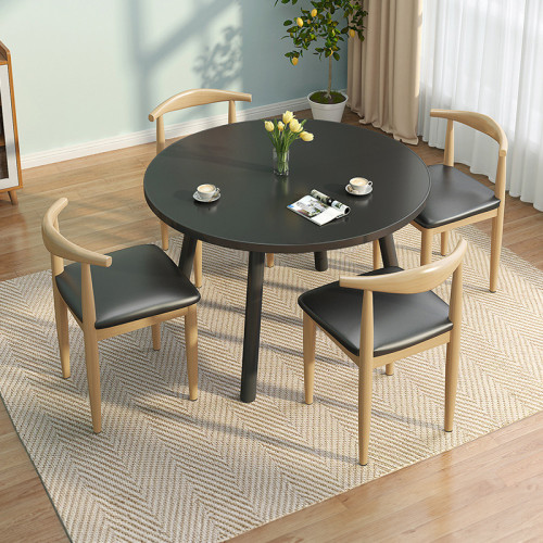 北歐風簡約餐桌椅套裝 - 2.6厚桌面80直徑74高（黑色）+牛角椅*4 | 寬敞桌面 | 實木桌腿