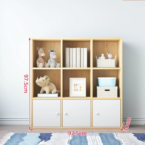 兒童實木書架-九格櫃+白門(97.5*97.5*30cm) | 簡約實用 | 穩固承重 | 簡易安裝