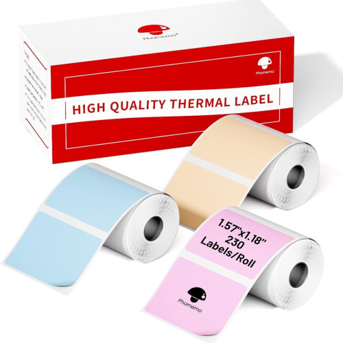 Phomemo M110 適用三防熱敏不乾膠標籤紙(藍/粉/卡其-40*30mm) - 230張(三卷裝) | 適配便攜標籤機 | 清晰列印不易褪色 | 自黏易撕無殘留