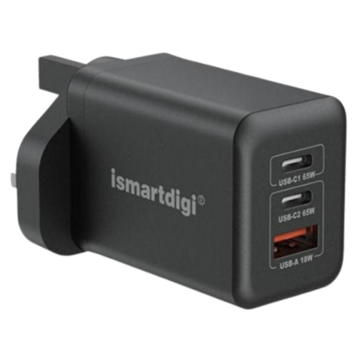 Ismartdigi 65W GaN 2C1U快速插牆式充電器 - 黑色 | 支持多設備同時充電 | 香港行貨