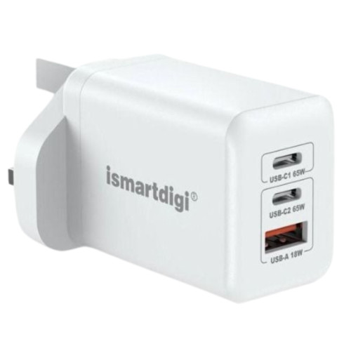 Ismartdigi 65W GaN 2C1U快速插牆式充電器 - 白色 | 支持多設備同時充電 | 香港行貨