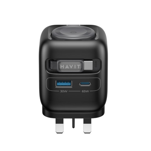 HAVIT UC252 4in1 PD65W GaN快充火牛 - 黑色 | 70cm伸縮充電線 | 配有智能手錶無線充電板 | 香港行貨