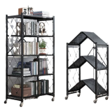 可摺疊置物架 五層/免安裝/可移動 廚房收納架 (黑色碳鋼)