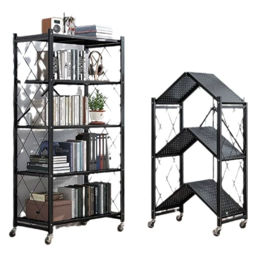 可摺疊置物架 五層/免安裝/可移動 廚房收納架 (黑色碳鋼)