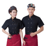 廚師工作服（2件裝）L 黑色廚師服 廚師短袖上衣 夏季短袖全棉廚師服 飯店飯店食堂廚師服 12419 - 黑色L