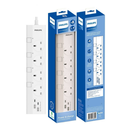 Philips CHP4747WB 3米四位獨立開關USB電拖板 - 白色 | 耐 750°C 高溫 | 最大額定功率 3250W（220-250V~13A）| 香港行貨