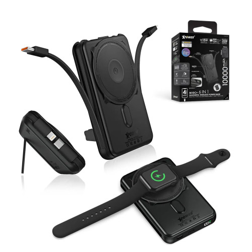 XPower M10C+ 6合1多功能數顯10000mAh 20W 磁吸無線移動電源(3C認證) - 黑色 | 雙內置充電線 | N54強力釹磁鐵 | Magnetic無線快充(15W) | 香港行貨
