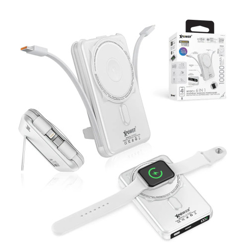XPower M10C+ 6合1多功能數顯10000mAh 20W 磁吸無線移動電源(3C認證) - 白色 | 雙內置充電線 | N54強力釹磁鐵 | Magnetic無線快充(15W) | 香港行貨