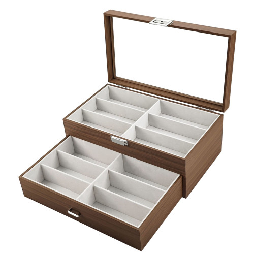 黑胡桃木質12位眼鏡收納盒 - 灰色內膽