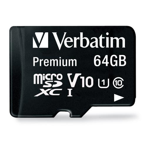 Verbatim Premium microSD XC記憶卡 - 64G | 附轉接器 | V10 視訊速度等級 | UHS-I接口，U1速度等級 | 香港行貨
