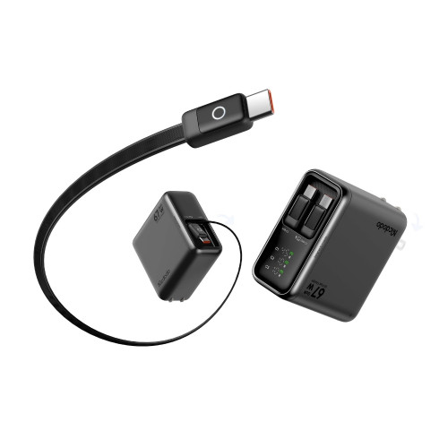 Mcdodo CH-3230 67W A+C 數位顯示GaN充電器 - 黑色 | 內建雙自收縮USB-C線 80cm | LED即時功率顯示 | 香港行貨